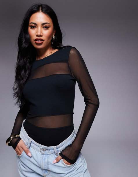 ASOS DESIGN mesh mix panel cut out long sleeve bodysuit in black - view 1