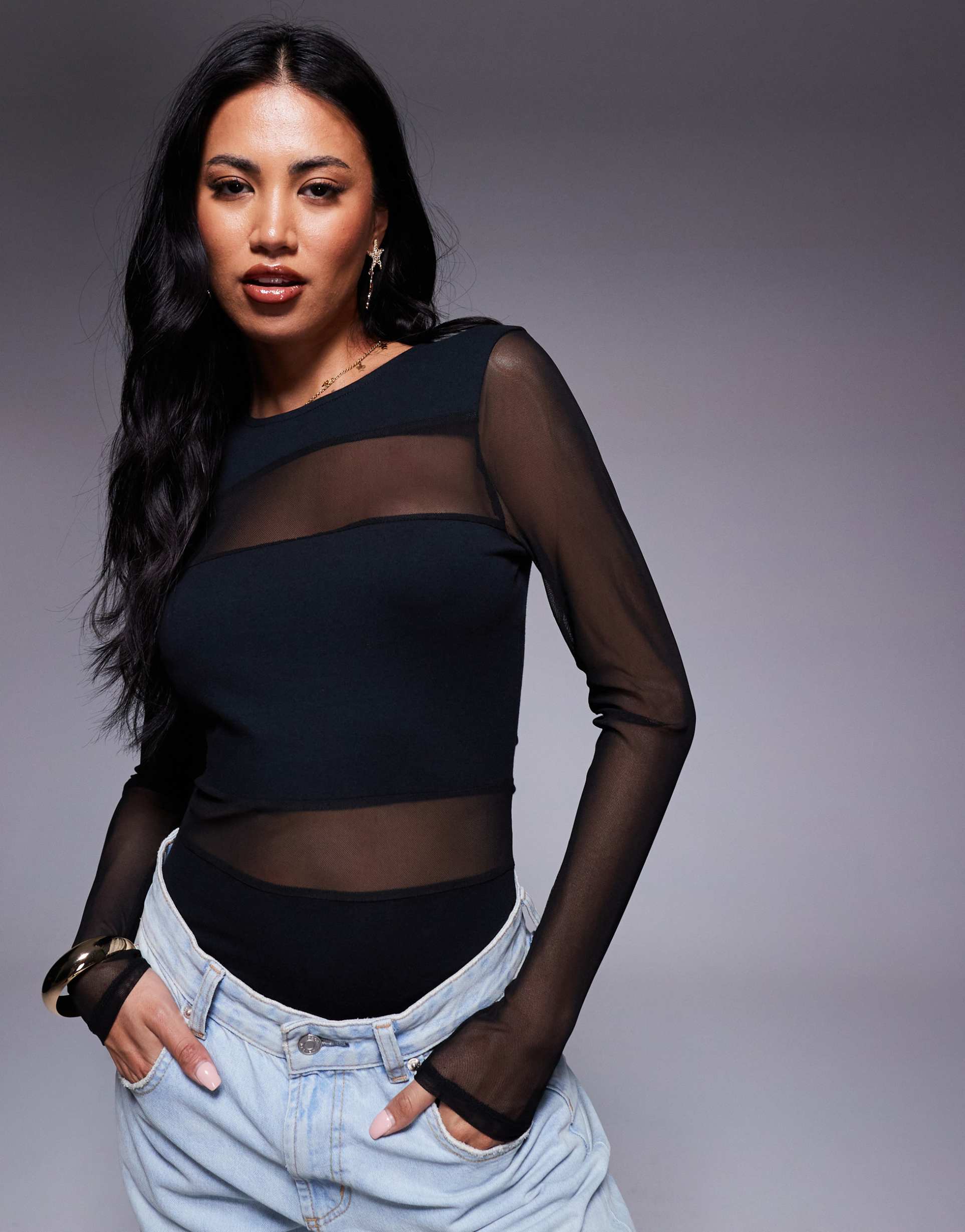 asos design mesh mix panel cut out long sleeve bodysuit in black
