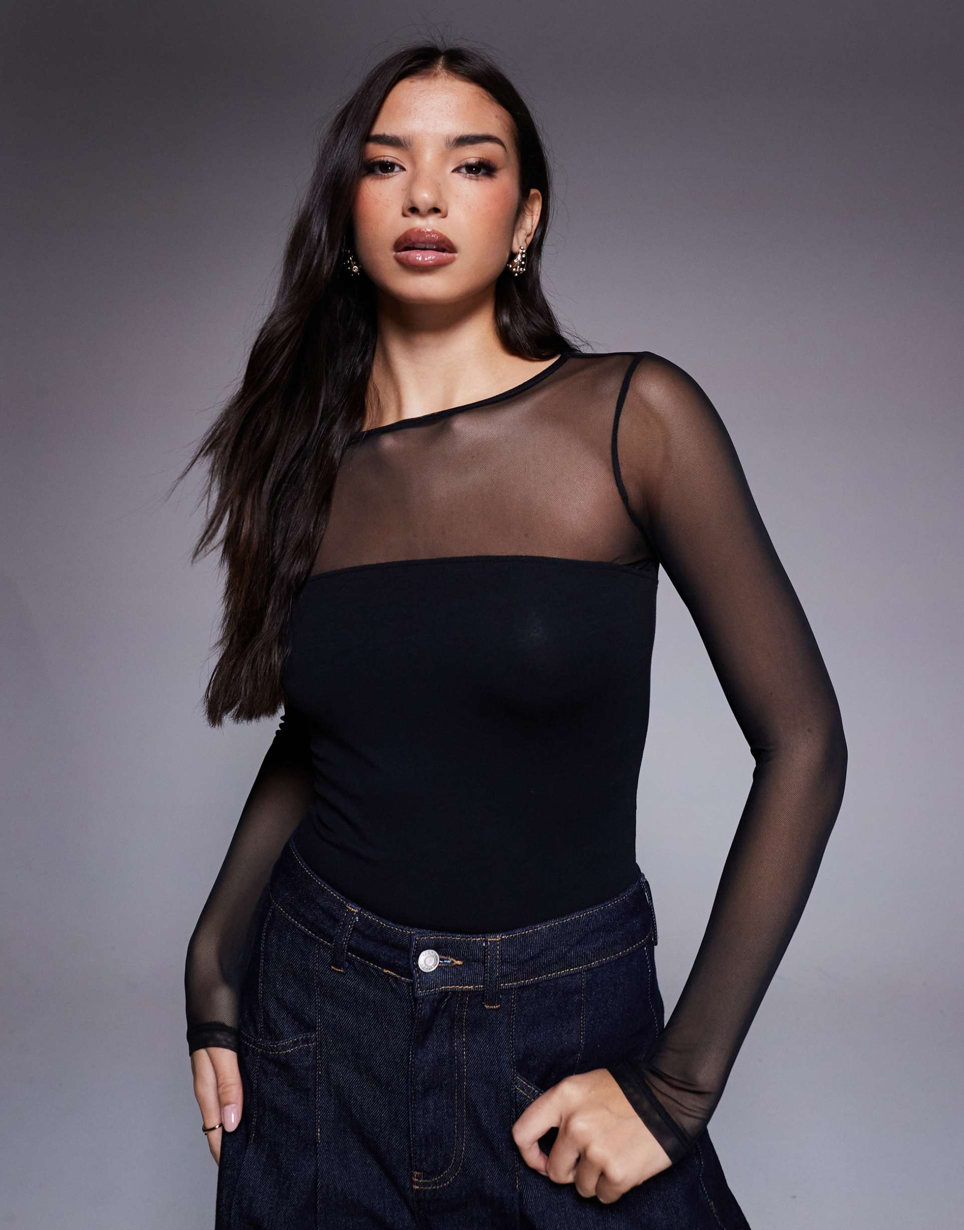 asos design mesh mix panel long sleeve bodysuit in black