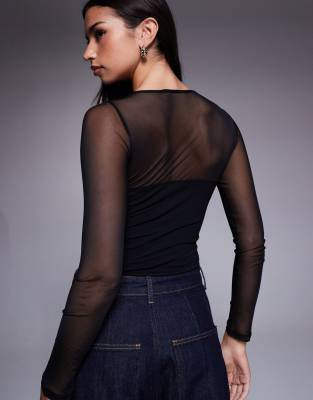 Asos Design Mesh Mix Panel Long Sleeve Bodysuit In Black