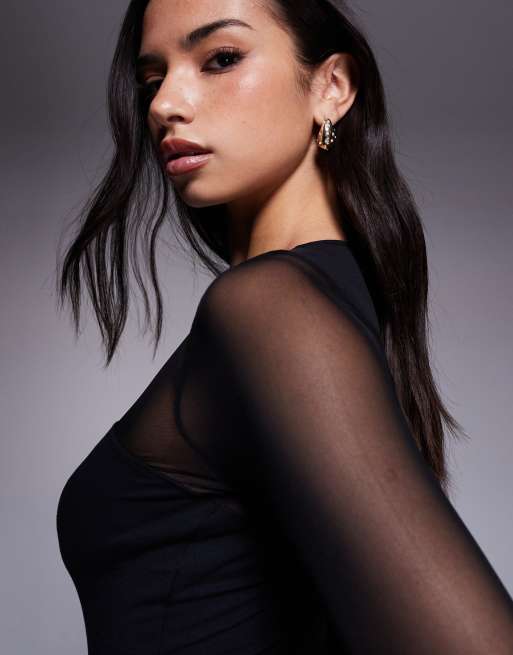 ASOS DESIGN mesh mix panel long sleeve bodysuit in black
