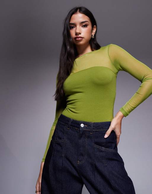 ASOS DESIGN mesh mix panel long sleeve bodysuit in dark olive