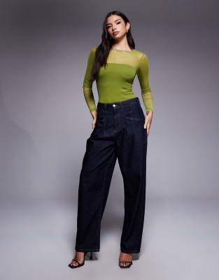 Asos Design Mesh Mix Panel Long Sleeve Bodysuit In Green