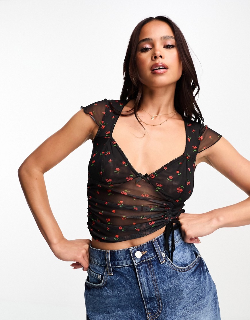 ASOS DESIGN mesh mix short sleeve top with ruching in black ditsy floral