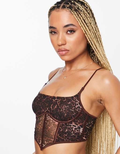 ASOS DESIGN mesh monowire ruched corset with skinny straps in animal, 3 of 4