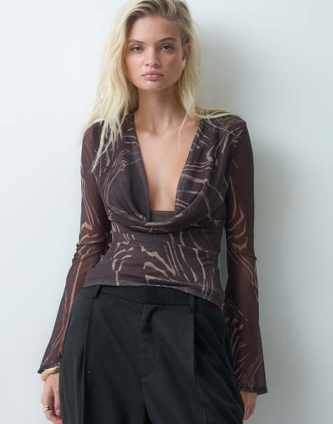 ASOS DESIGN Mesh-Oberteil mit drapiertem Wasserfallausschnitt und Zebra-Print - view 1