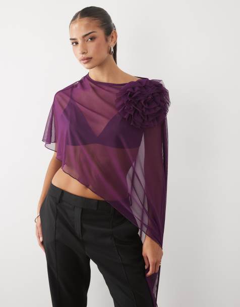 ASOS DESIGN Mesh-Oberteil mit Drapierung und Cape mit Ansteckblume in Lila - view 1