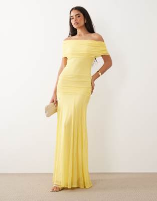 ASOS DESIGN mesh off shoulder cinched dropped waist maxi dress with high godet d