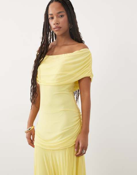 ASOS DESIGN mesh off shoulder cinched dropped waist maxi dress with high godet detail in yellow - view 1