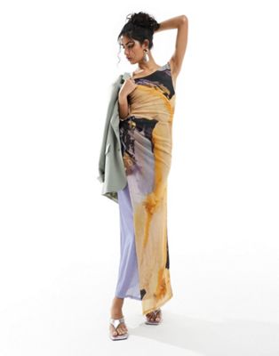 ASOS DESIGN mesh off shoulder drape midi dress in tonal print