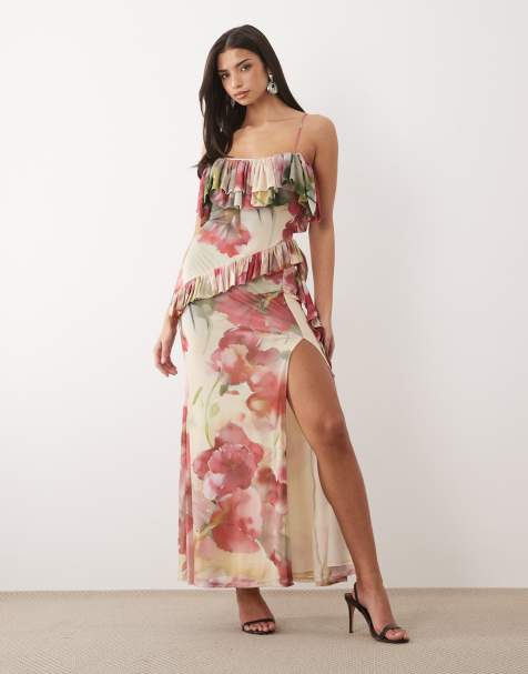ASOS DESIGN mesh off shoulder maxi dress with asymmetric ruffle details in pink floral print