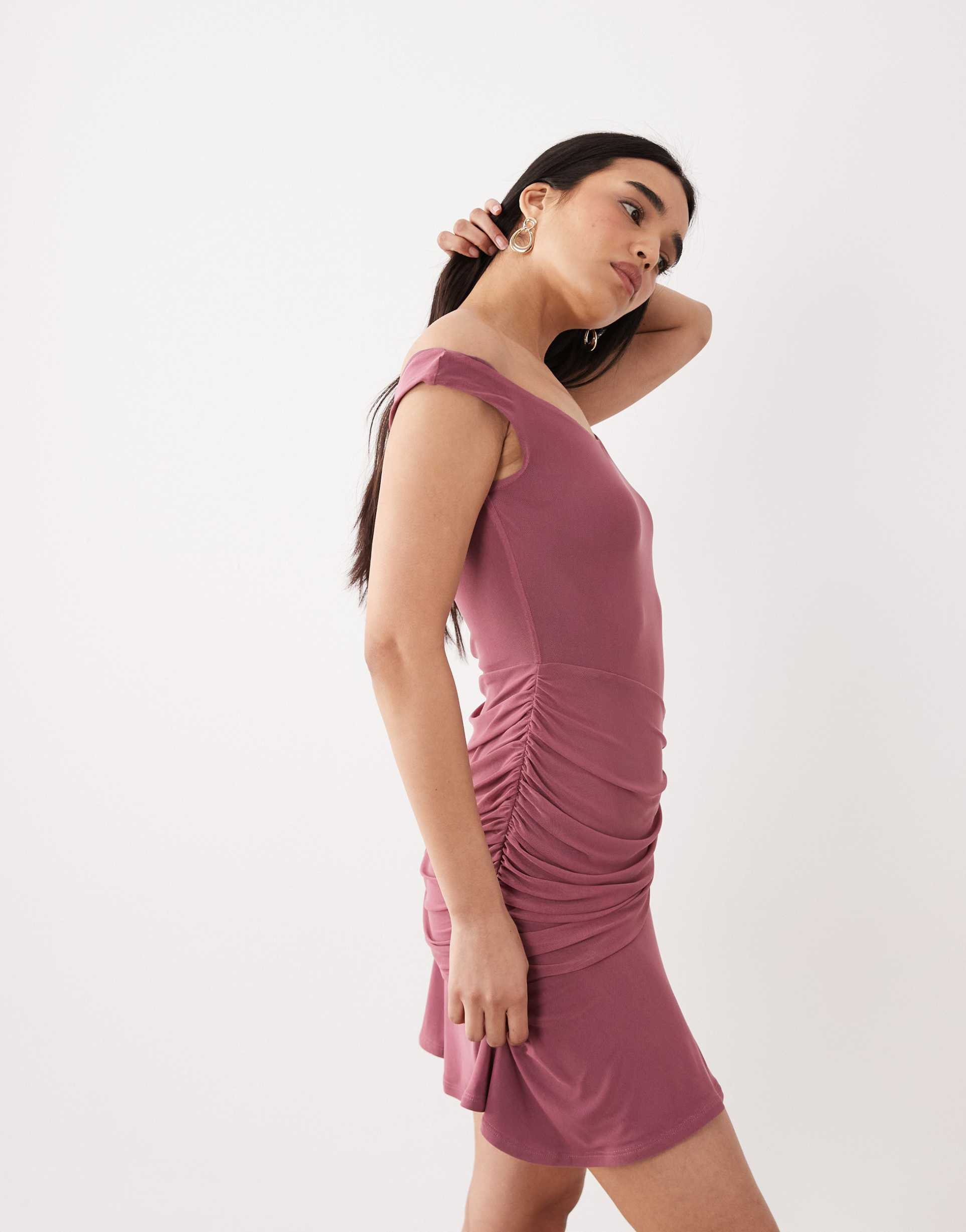 asos design mesh off shoulder mini dress in pink