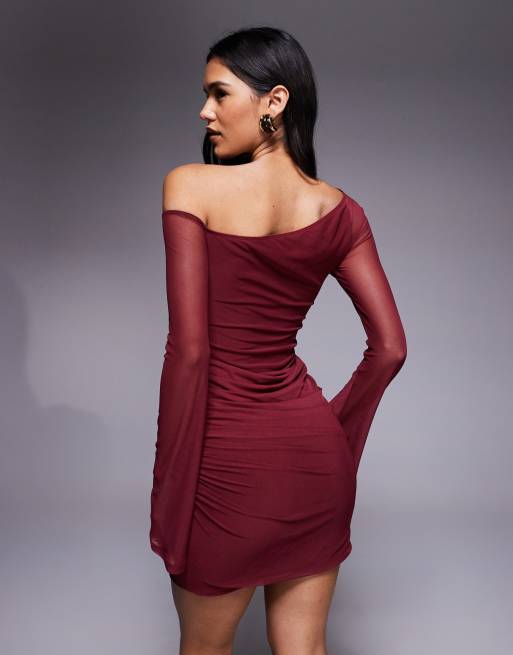 ASOS DESIGN mesh off shoulder mini dress with angel sleeve in red, 3 of 4