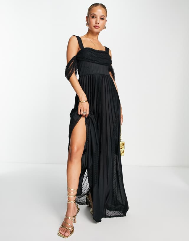 ASOS DESIGN mesh off shoulder pleated maxi dress in black