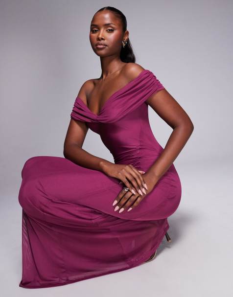 ASOS DESIGN mesh off shoulder ruched maxi dress in plum - view 1