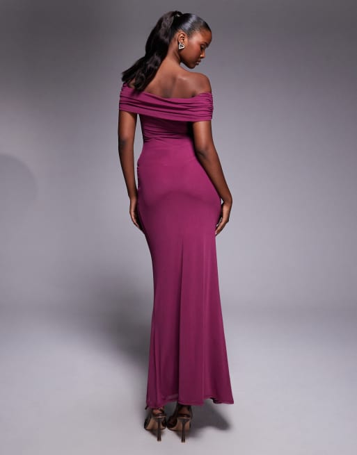 ASOS DESIGN mesh off the shoulder ruched maxi dress in plum