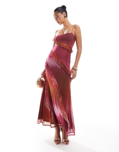 ASOS DESIGN mesh off shoulder ruffle detail maxi dress in pink ombre print - view 1