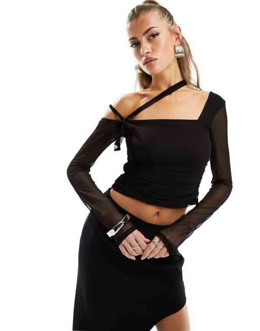 ASOS DESIGN square neck top with mesh sleeve in black