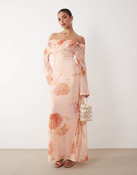 ASOS DESIGN mesh off the shoulder draped neck long sleeve maxi dress in pink - view 1