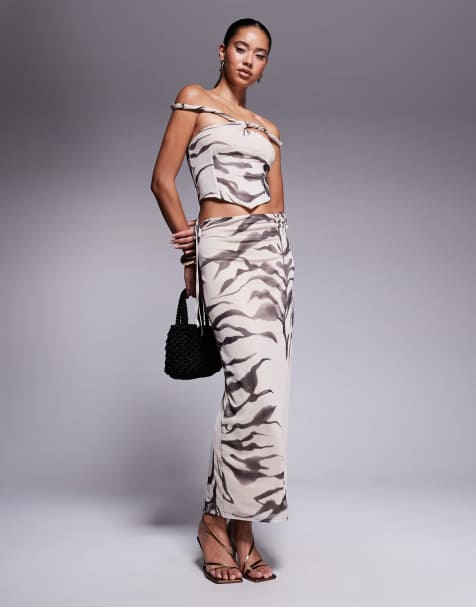 ASOS DESIGN mesh off the shoulder faux two-piece maxi dress with twisted straps in zebra print - view 1