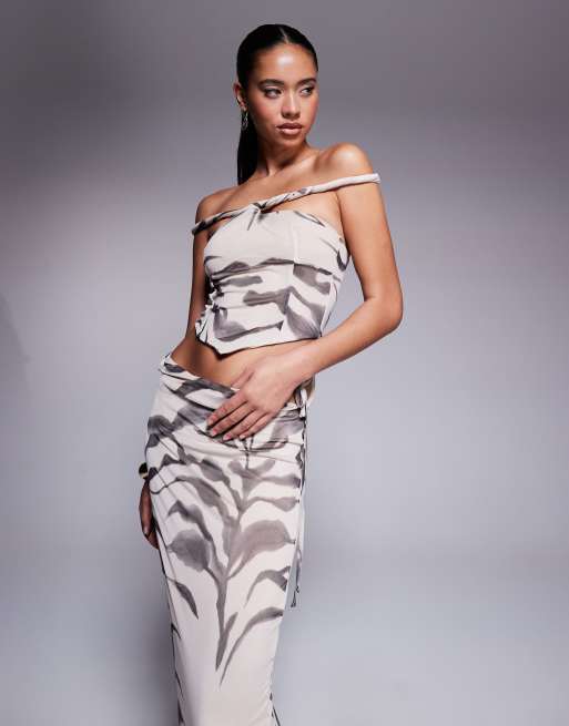 ASOS DESIGN mesh off the shoulder faux two-piece maxi dress with twisted straps in zebra print