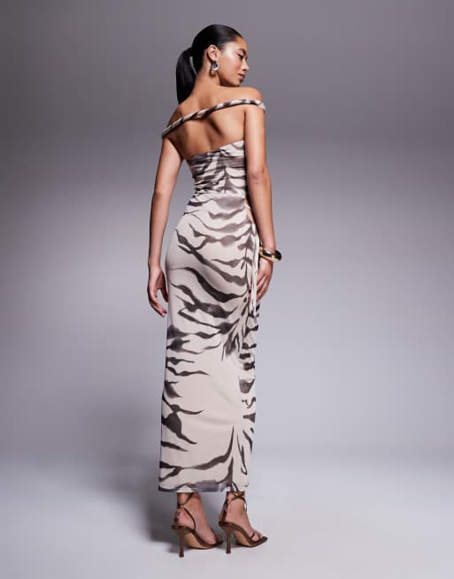 ASOS DESIGN mesh off the shoulder faux two-piece maxi dress with twisted straps in zebra print