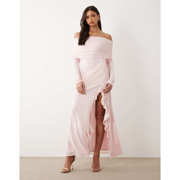 mesh asymmetrical off-the-shoulder draped maxi dress Buttercream main image 0