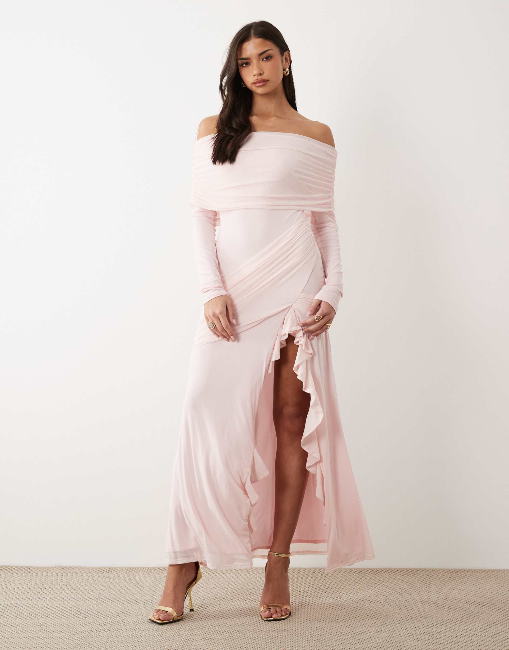 asos design mesh off the shoulder maxi dress with drape and ruffle detailing in baby pink