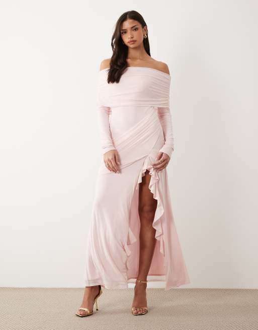 ASOS DESIGN mesh off the shoulder maxi dress with drape and ruffle  detailing in baby pink | ASOS