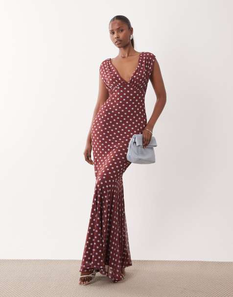 ASOS DESIGN mesh off the shoulder maxi dress with fishtail hem in pink polka-dot print - view 1
