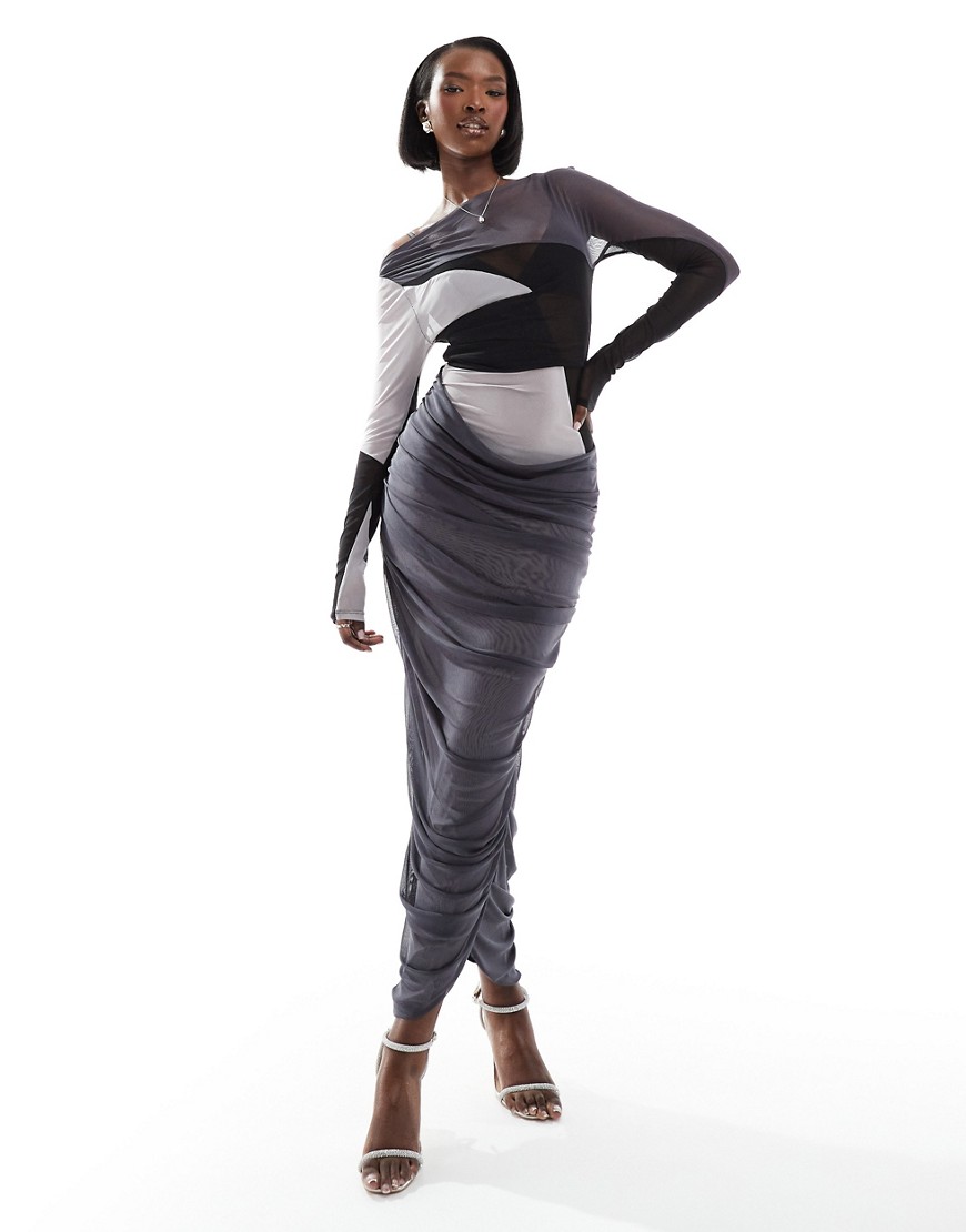 Asos Design Mesh Off The Shoulder Ruched Detail Midi Dress In Tonal Color Block-black In Gray