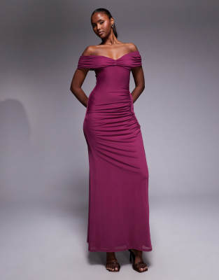 Asos Design Mesh Off The Shoulder Ruched Maxi Dress In Purple