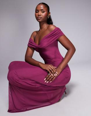 Asos Design Mesh Off The Shoulder Ruched Maxi Dress In Purple