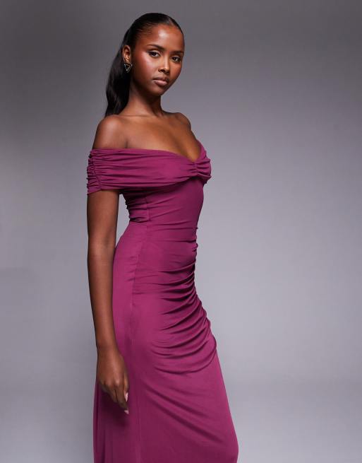ASOS DESIGN mesh off the shoulder ruched maxi dress in plum