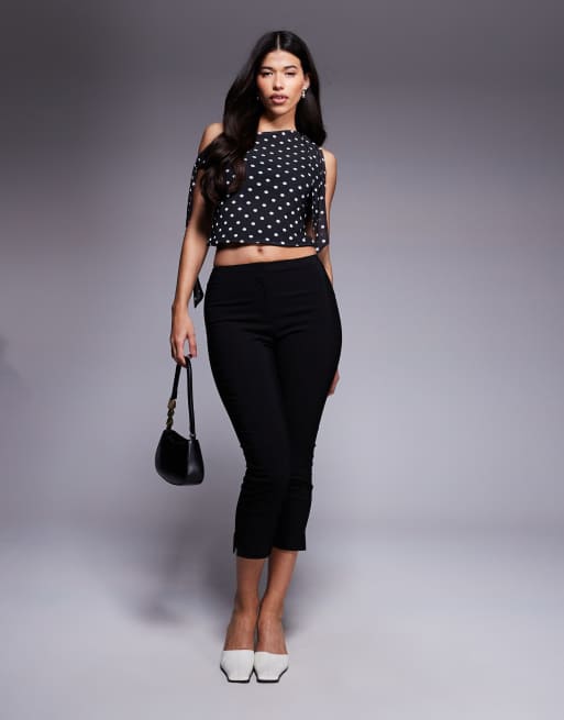 ASOS DESIGN mesh off the shoulder top with bow tie details in polka dot print