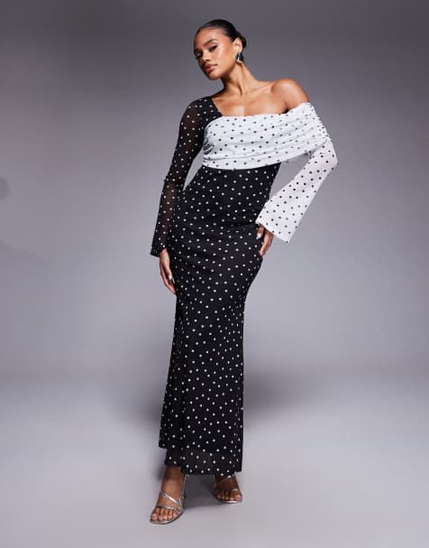 ASOS DESIGN mesh one off shoulder midi dress with sleeves in contrast polka dot print - view 1