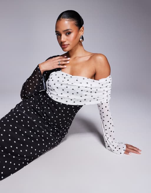 ASOS DESIGN mesh one off-shoulder midi dress with sleeves in contrast polka dot print