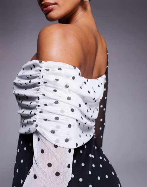 ASOS DESIGN mesh one off-shoulder midi dress with sleeves in contrast polka dot print