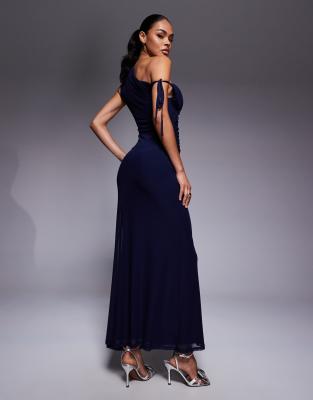 Asos Design Mesh One Shoulder Draped Maxi Dress In Blue
