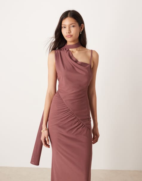 ASOS DESIGN mesh one shoulder dress with wrap around skinny scarf detail in dusty rose - view 1