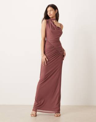 Asos Design Mesh One Shoulder Dress With Wrap Around Skinny Scarf Detail In Pink