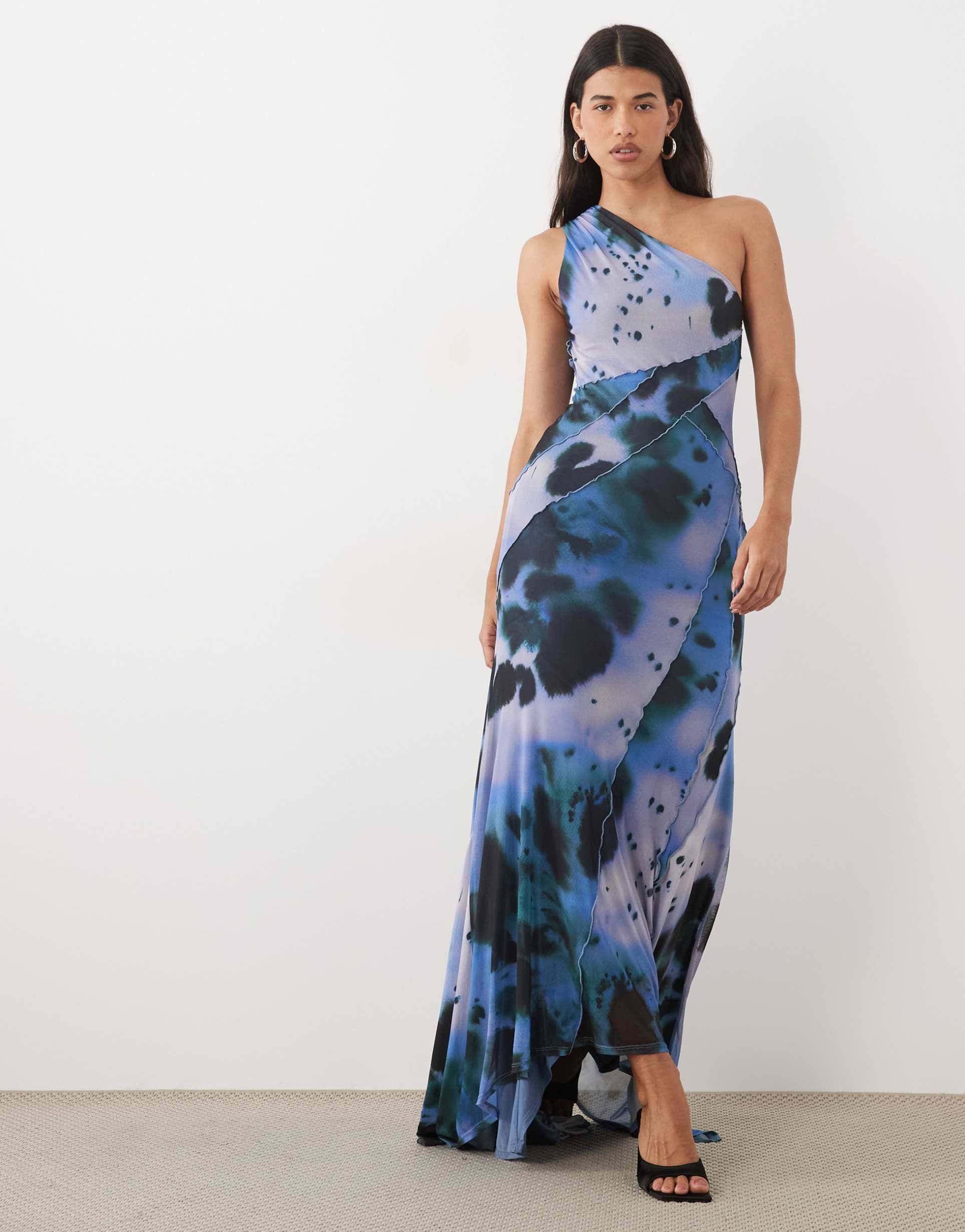 asos design mesh one shoulder exposed seams maxi dress with full hem in blue blur print