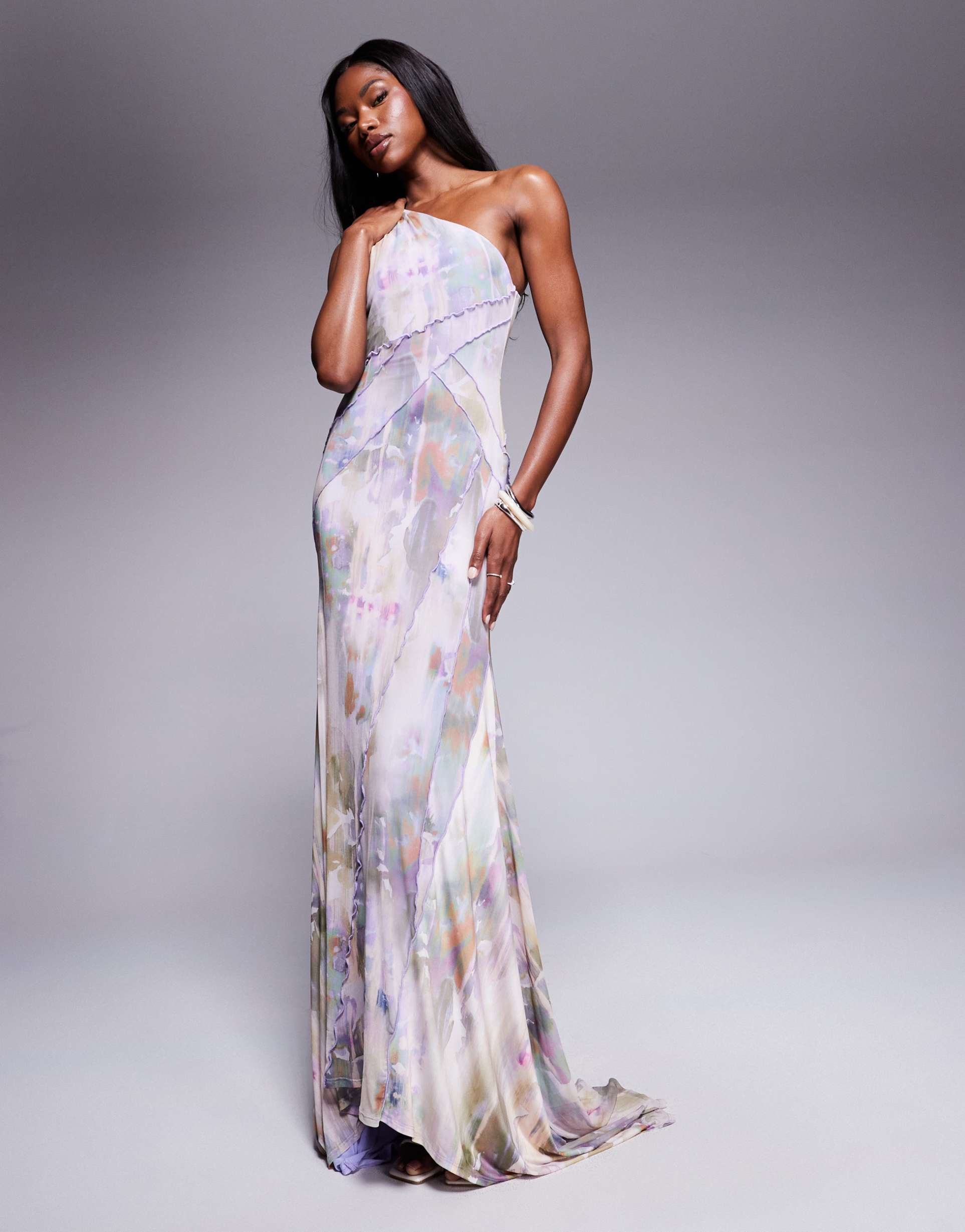 asos design mesh one shoulder exposed seams maxi dress with full hem in blurred lilac floral print