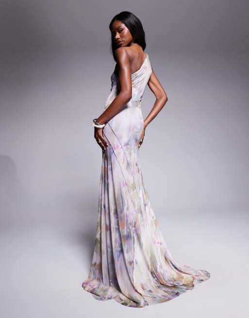 ASOS DESIGN mesh one shoulder exposed seams maxi dress with full hem in blurred lilac floral print