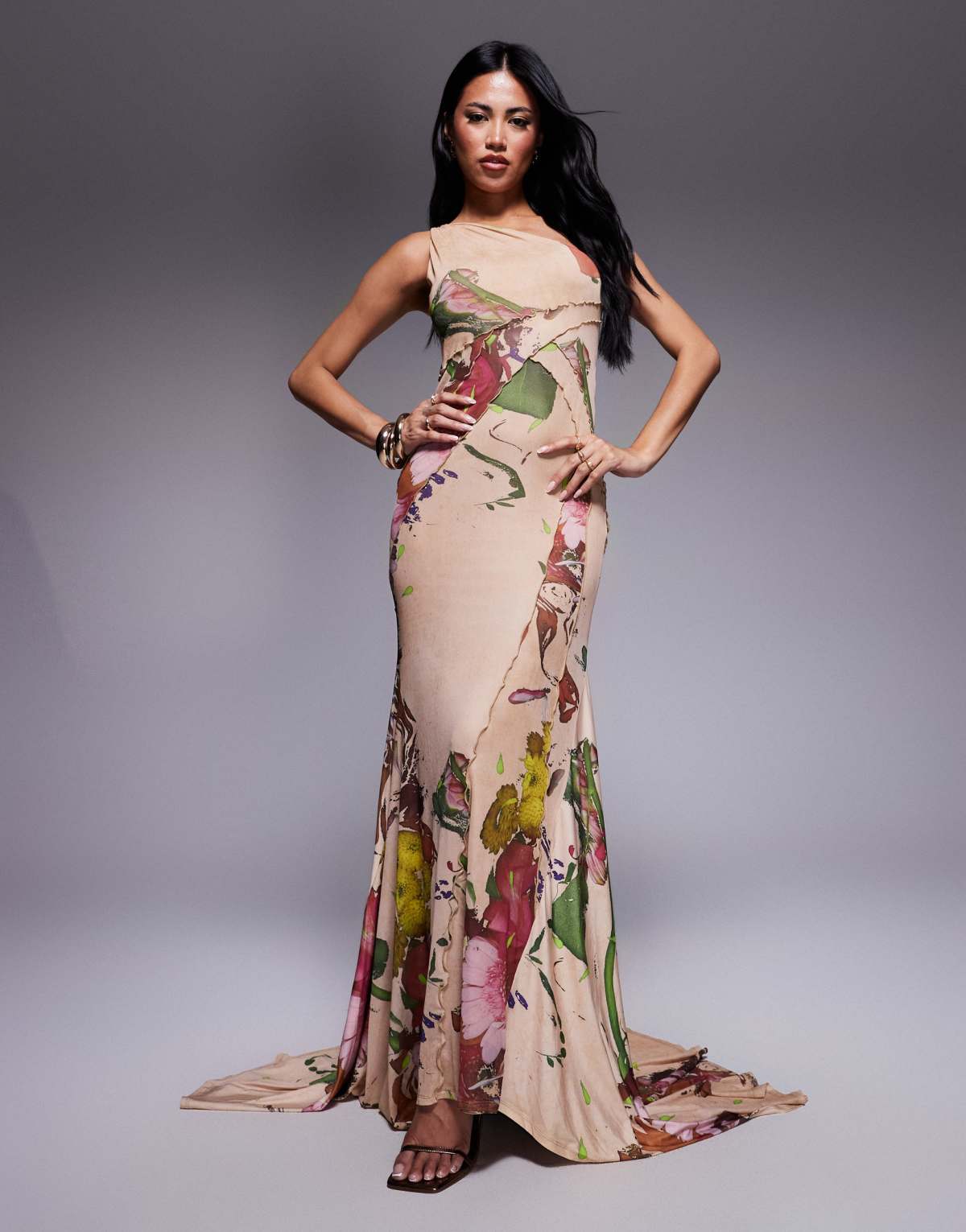 ASOS DESIGN mesh one shoulder exposed seams maxi dress with full hem in blurred lilac floral print