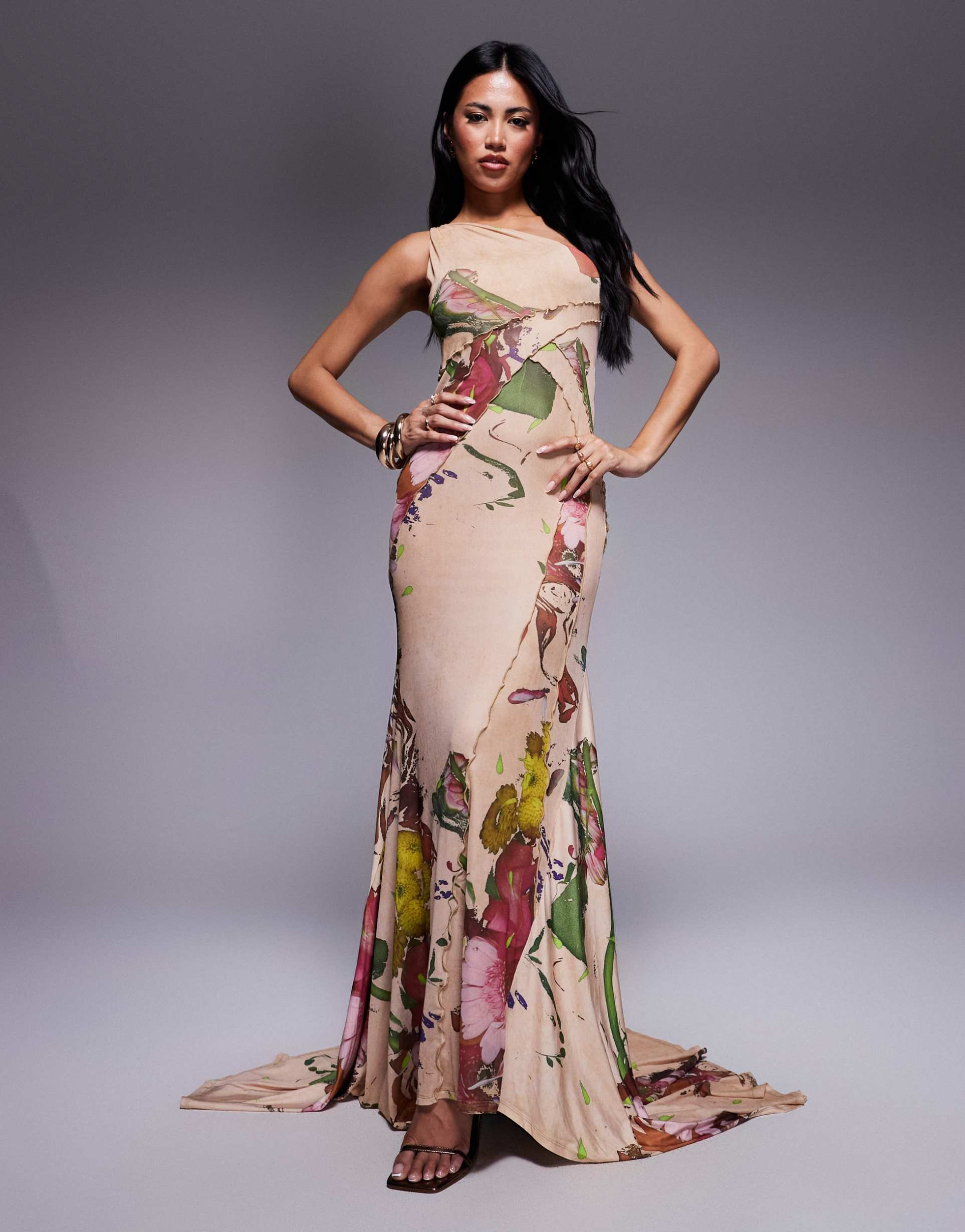 asos design mesh one shoulder exposed seams maxi dress with full hem in blurred lilac floral print