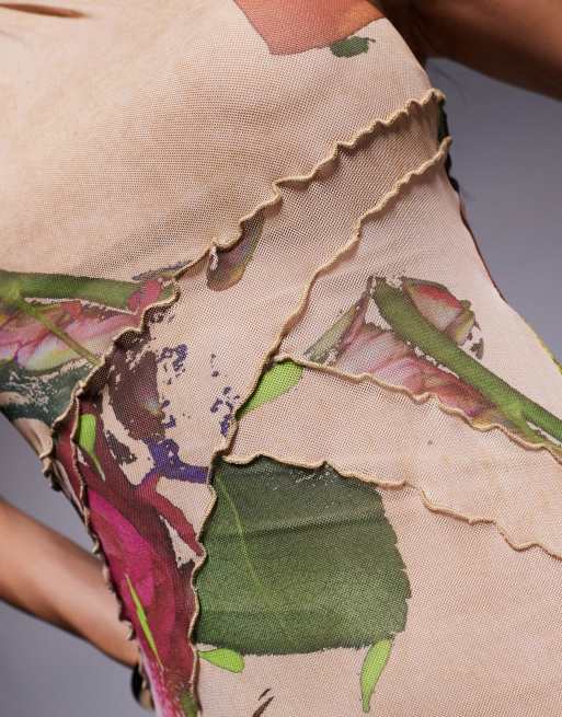 ASOS DESIGN mesh one shoulder exposed seams maxi dress with full hem in blurred lilac floral print, 3 of 4