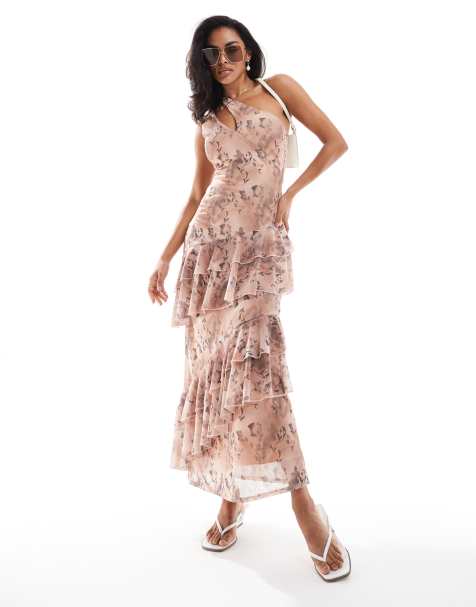 ASOS DESIGN mesh one shoulder frill maxi dress is smudged floral print - view 1