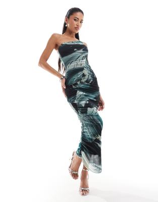 mesh one shoulder gauged detail midi dress in green swirl print-Multi