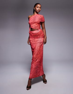 Asos Design Mesh One Shoulder Maxi Dress With Ruched Bodice In Pink